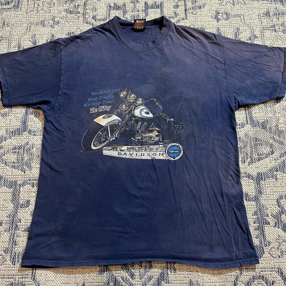 VTG 90's Sunfaded Harley Davidson Motorcycles Blue T Shirt Made in USA SZ XL